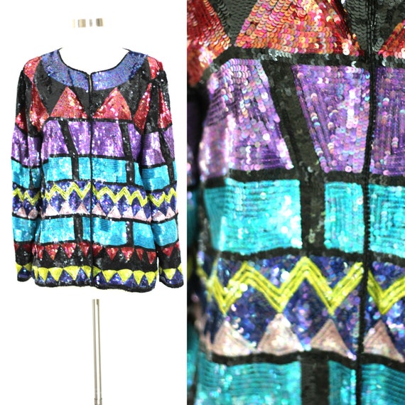 Size L// Stunning Colorful Vintage beaded sequin … - image 1