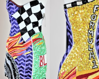 Sz 8// Rare Nicole Miller Racing Dress// Heavily embellished// Sequin Beads Strapless//Deadstock