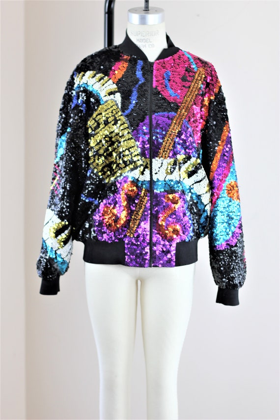 Sz S// Brightly Colored Sequin Music Bomber Jacket// Funky