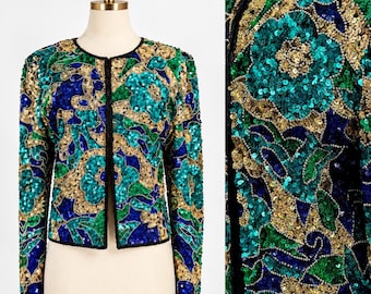 Stunning Green, Teal, Gold Vintage Sequined Jacket//80's Glam Cropped Jacket (Sz S)