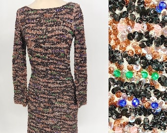 Vintage 1960s Bill Shelly’s Chez Royale Sequin Dress, Beaded Tiger Stripe Cocktail Dress, (Sz 6)