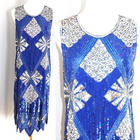 Sz S//Royal Blue Flapper Style Sheath Sequin Dress//Vintage Gatsby Style Dress