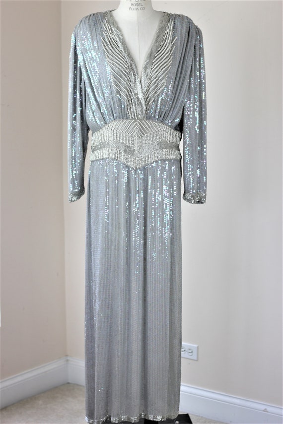 Sz L// Gray Pearl Beaded Sequined Dress// Long De… - image 2