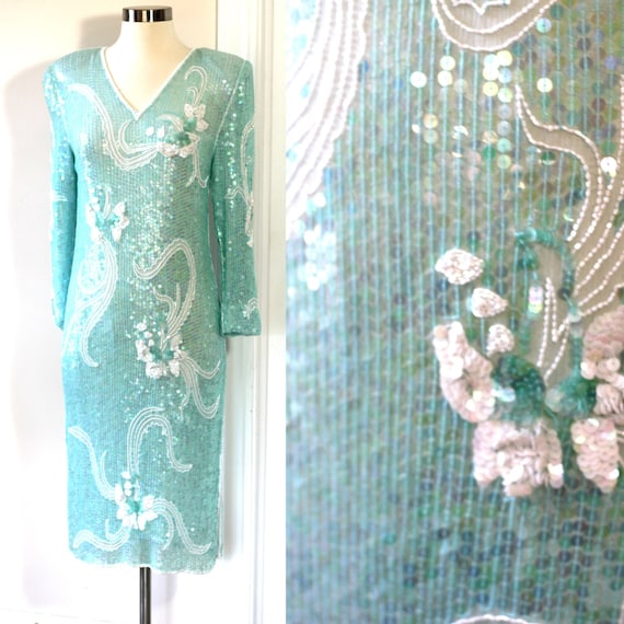 Sz S//Gatsby Party Sequin Dress// Beaded light Aqu