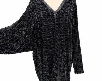 Vintage Judith Ann Plus Beaded Blouse, Black 80s Glam Oversized Tunic, Batwing Sleeve Blouse (Sz 3X)
