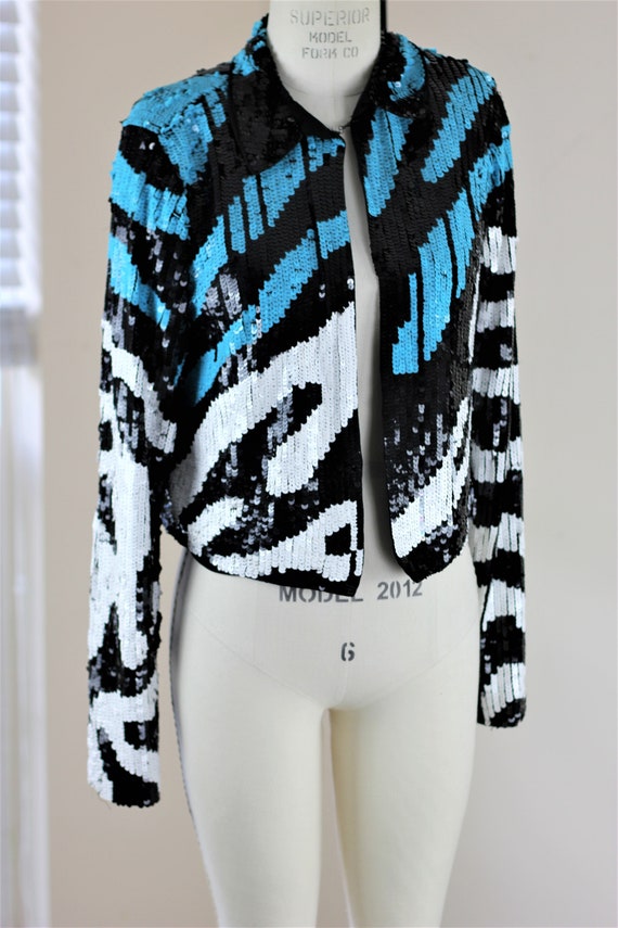 Sz 4// Zebra Turquoise Sequin 80's Glam Jacket//C… - image 5