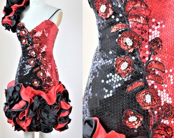 Sz S// Vintage 80s Red Ruffle Sequin dress// Party Flamenco