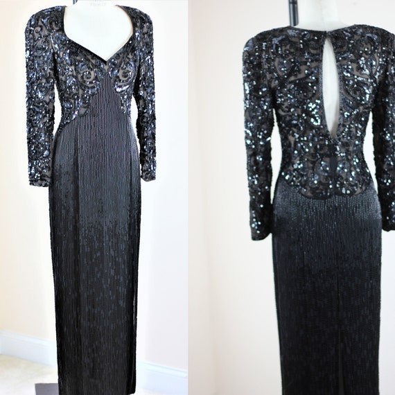 Size 6//Lillie Rubin V Neck Black Long Gown//Heavily Beaded Keyhole Back Long Dress