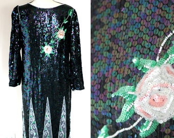 Sz M//Vintage Flapper style //Sequin Dress Roses// iridescent sequins beaded pearl trim