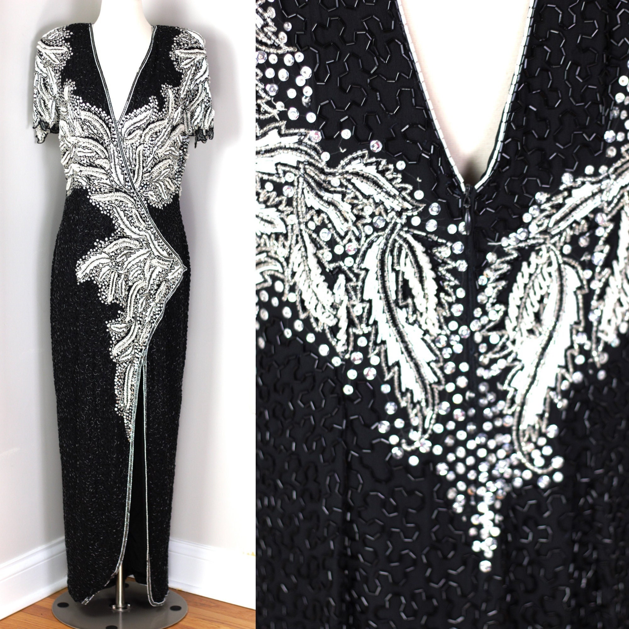 Black and white beaded dress sales