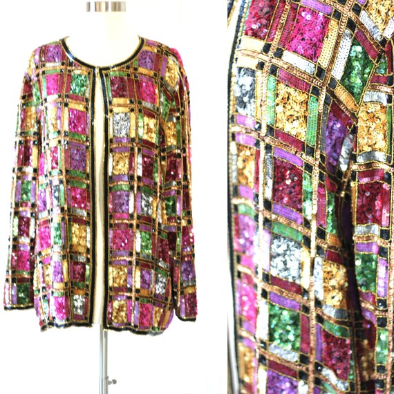 Plus size Colorful Sequin jacket// Vtg Plus size B