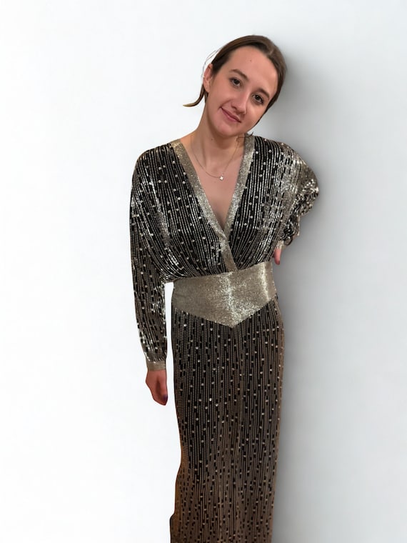 Sz M//Liquid Silver Beaded Batwing Gown//Vintage Judith Ann Black & Silver Glam Statement Dress Sz M//Liquid Silver Beaded Batwing Gown//Vintage Judith Ann Black & Silver Glam Statement Dress
