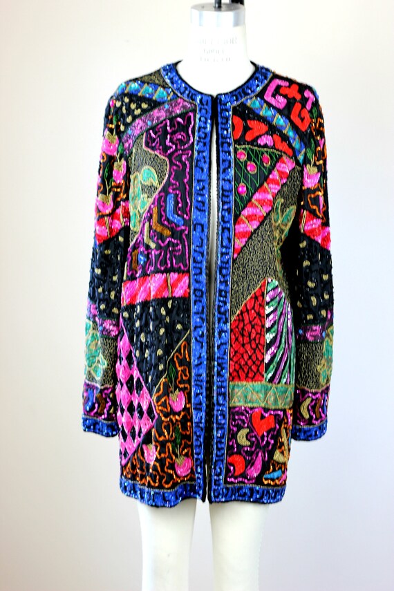 Sz S//Exquisite Long Patchwork Sequin Jeweled Bea… - image 2