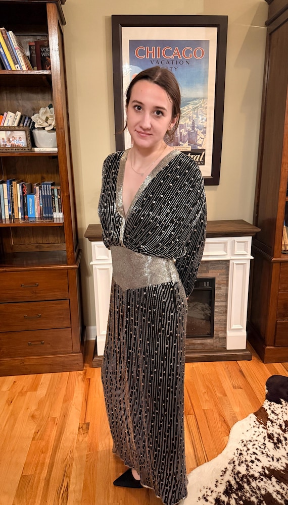 Sz S//Black Silver Art Deco Evening Dress//Glam Old Hollywood Hand Beaded Formal Gown//Vintage Judith Ann Sz S//Black Silver Art Deco Evening Dress//Glam Old Hollywood Hand Beaded Formal Gown//Vintage Judith Ann