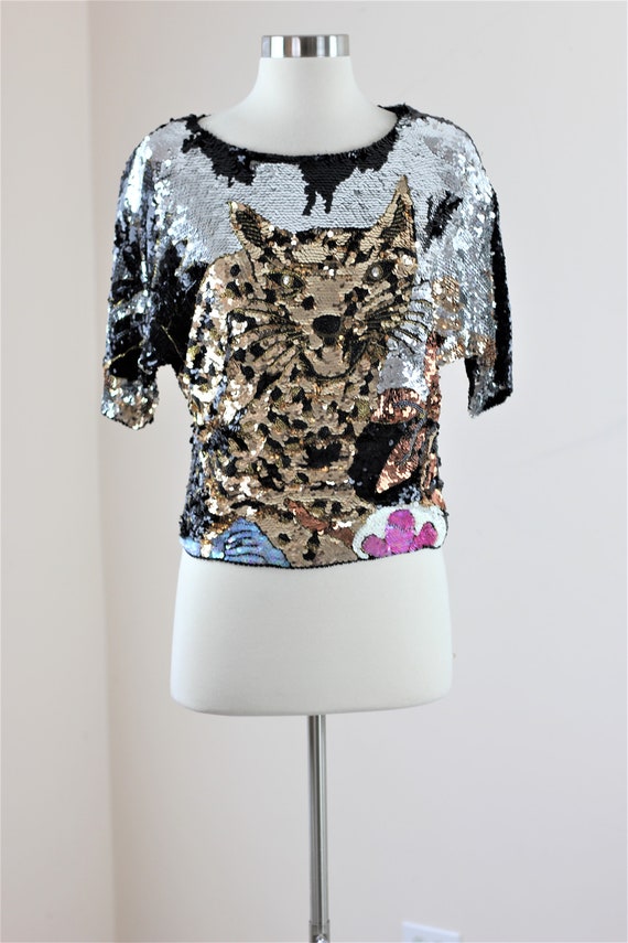 Sz M//Sequin Beaded Cat Top//Vintage Novelty top - image 5