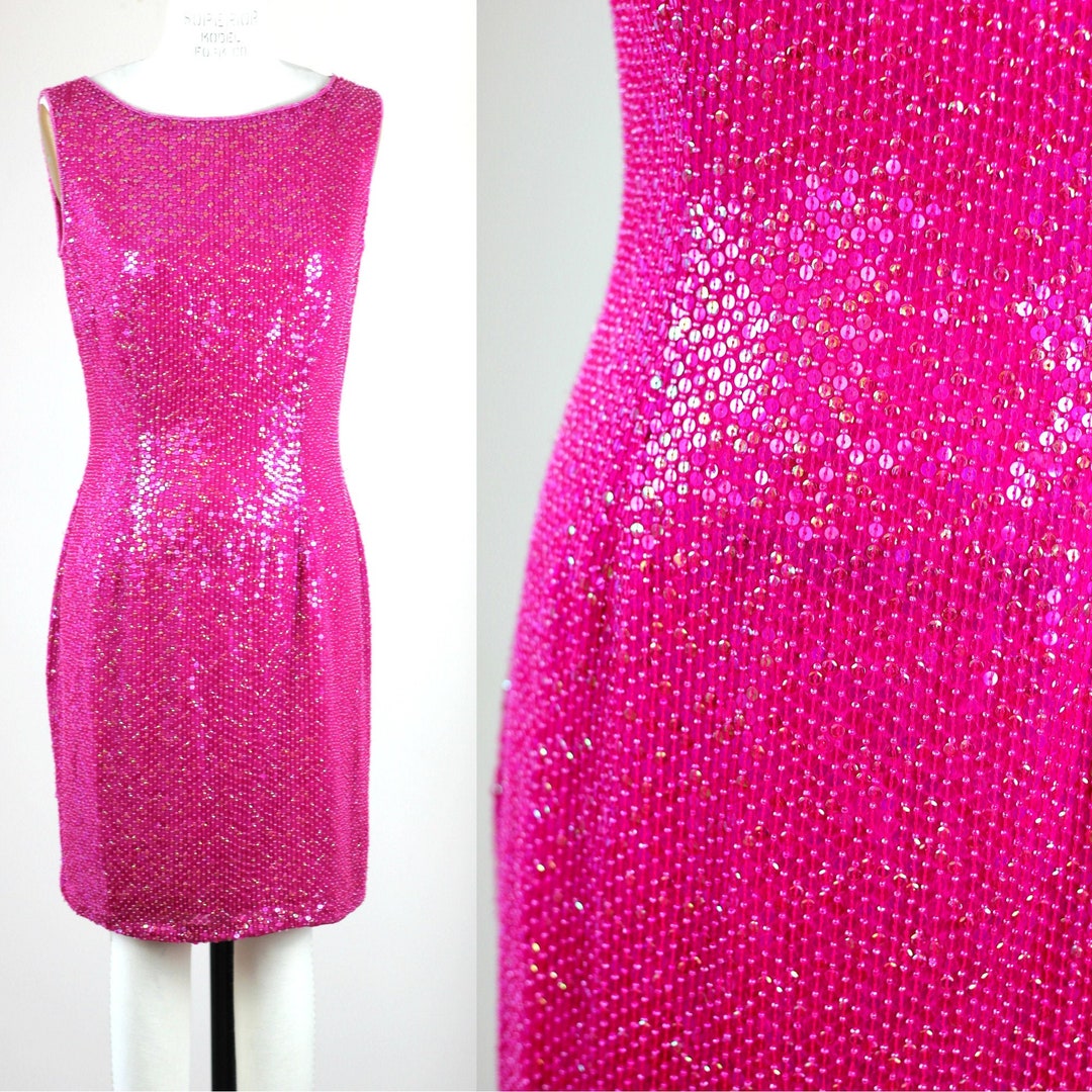 Sz M// Vintage Formal Lillie Rubin Hot Pink Beaded Sequin Dress - Etsy