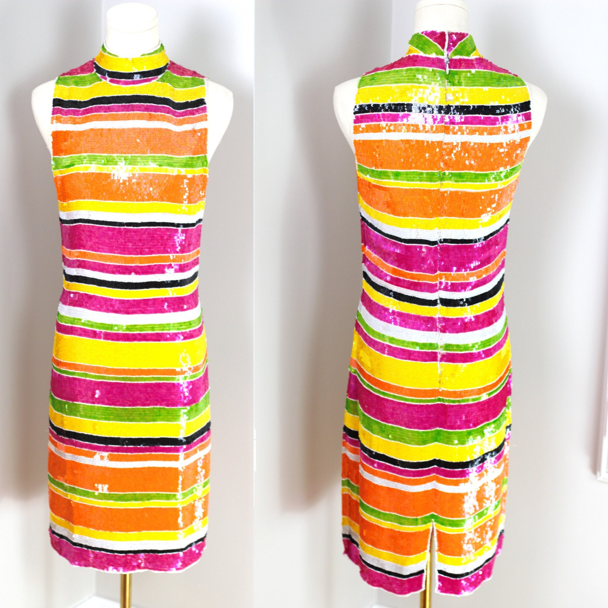 Maat S Prachtige gestreepte jurk Vintage pailletten Felle kleuren Zijde pailletten Etsy Nederland