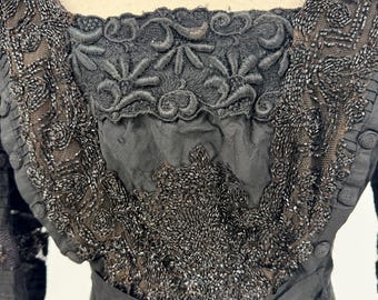 Antique Victorian Edwardian Beaded Bodice Black Jet Top, Lace Sleeve Mourning Blouse 1900s, Silk Fragment Textile Corset Top