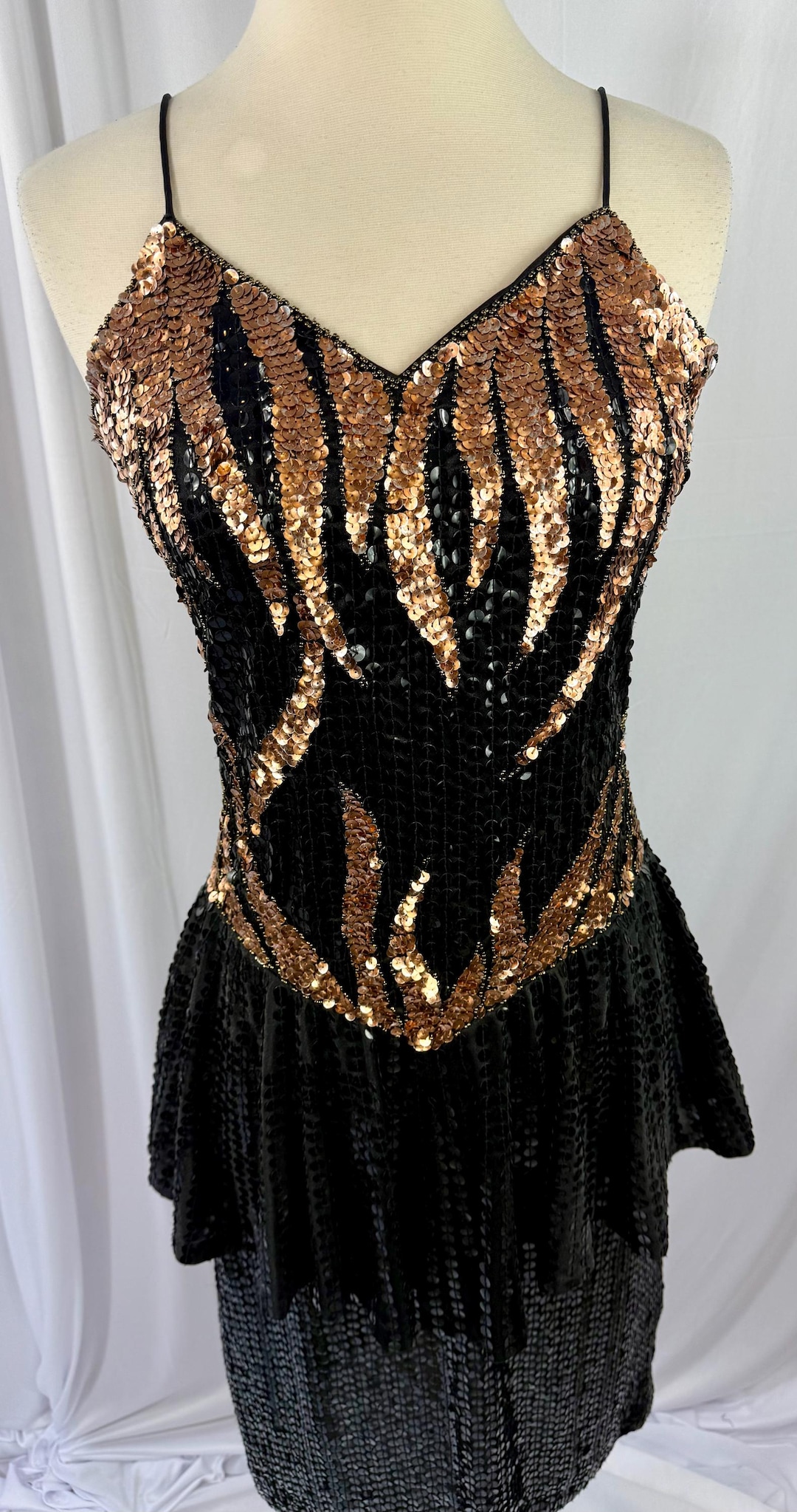 Size M//Vintage Black Sequin Dress with Gold Flame Pattern//Strappy 80's Glam Dress