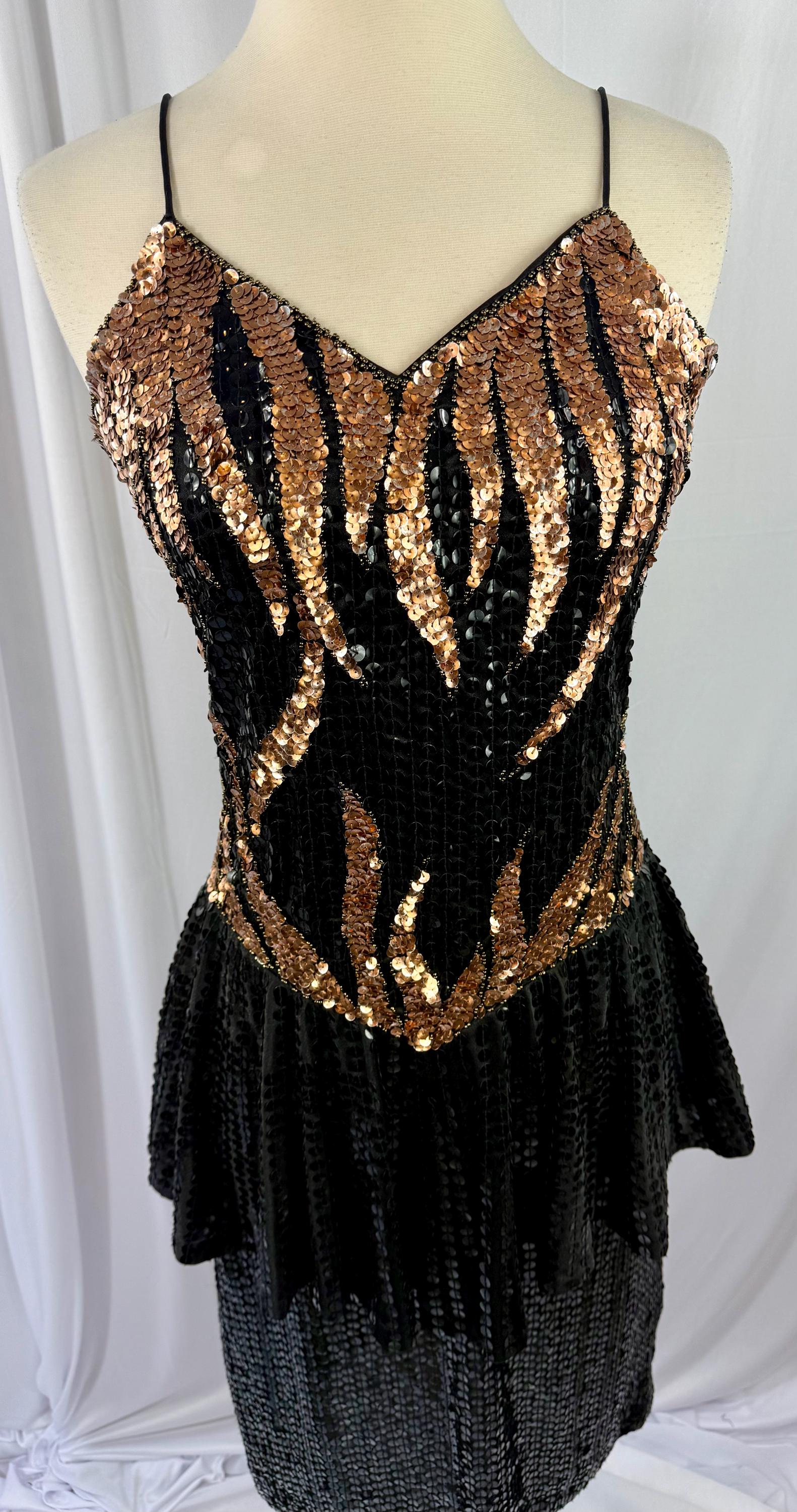 Size M//vintage Black Sequin Dress With Gold Flame Pattern