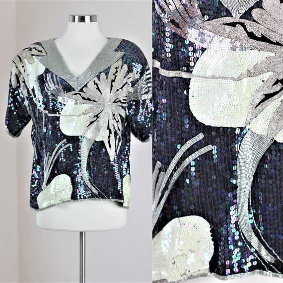 Sz L// St Martin Heavily beaded sequined top// Am… - image 1