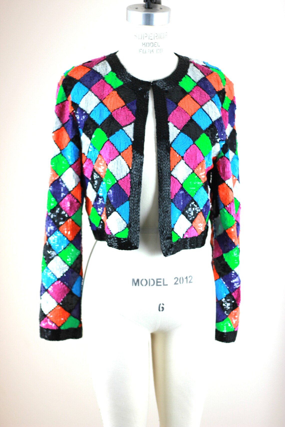 Sz S// Harlequin Beaded jacket// Sequins silk Rainbow colors Etsy