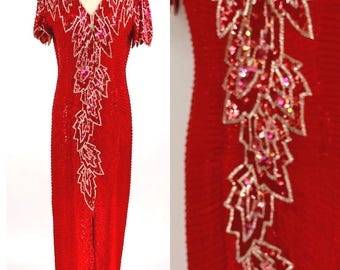Size M//Vintage Red Sequin Flame Gown//80s Beaded Statement Dress with Dramatic Open Back