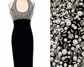 Vintage Oleg Cassini zwarte halterjurk met strik, avondjurk met parels en kraaltjes, zwarte formele jurk, designer cocktailjurk (maat 4)