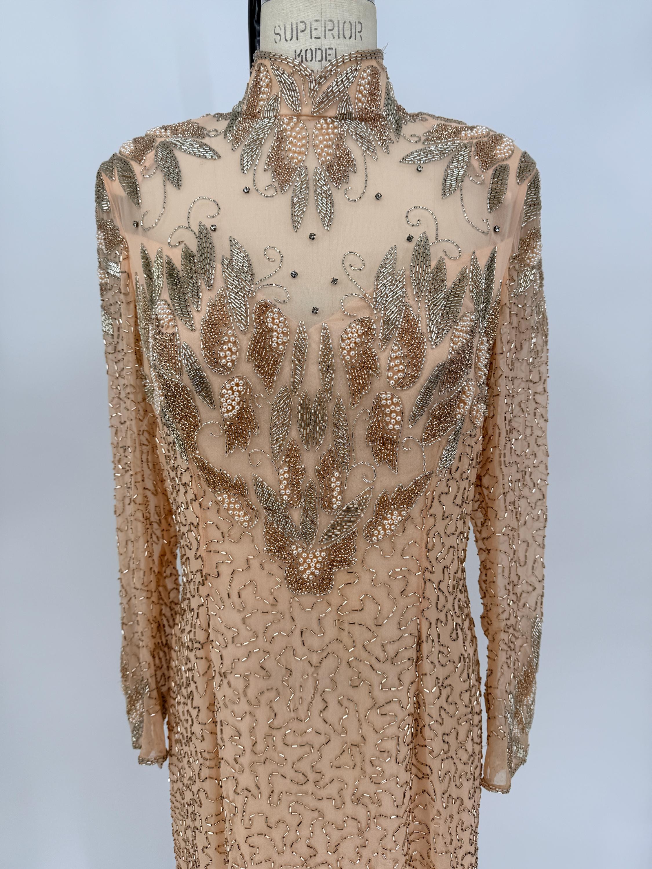 oleg cassini beaded lace dress Vintage Cocktail Dress, Champagne Nude Sequin Evening Dress, High Neck Formal Dress, Mother of the Bride (sz 14) Beaded scroll