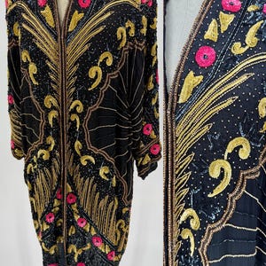 Size 18//Gold & Fuchsia Floral Statement Duster//80s Glam Sequin Beaded Kimono//Vintage Long Jacket