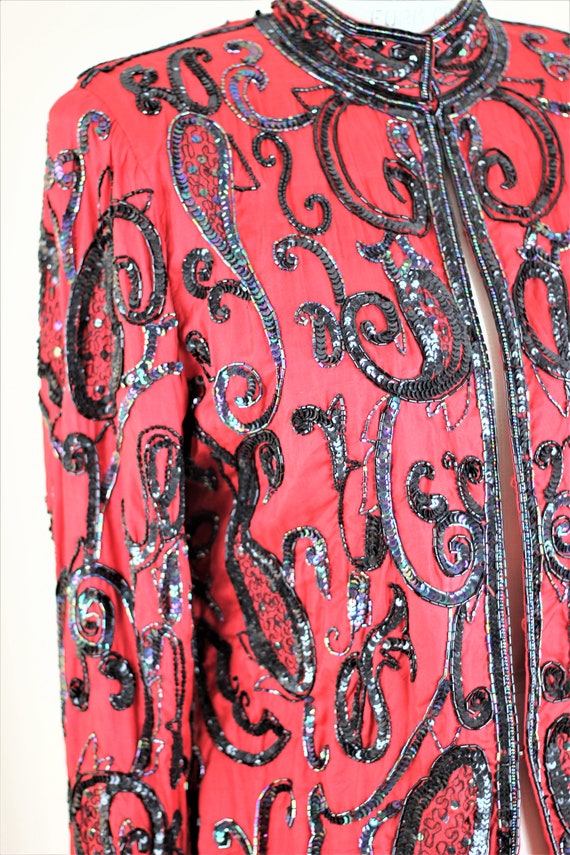 Sz S// Vtg Judith Ann Creations Red silk black se… - image 4