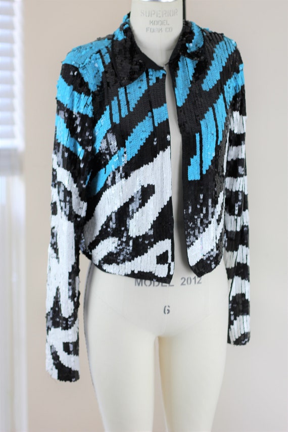 Sz 4// Zebra Turquoise Sequin 80's Glam Jacket//C… - image 6