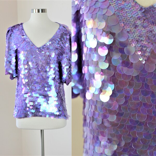 Sz S//Purple Paillettes Silk top//Cassini silk beads