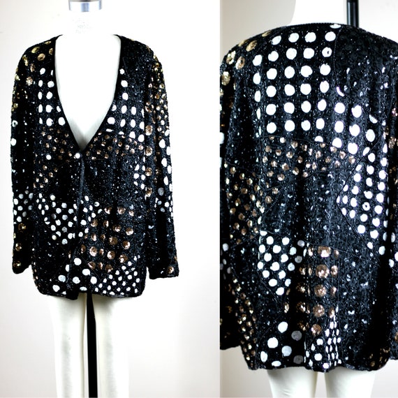 Sz L// Vintage Sequin swing jacket// Beaded polka