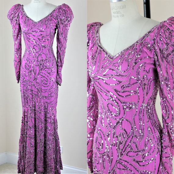 Sz 4// 1980s Purply Pink Sparkle gown// Sequin be… - image 1