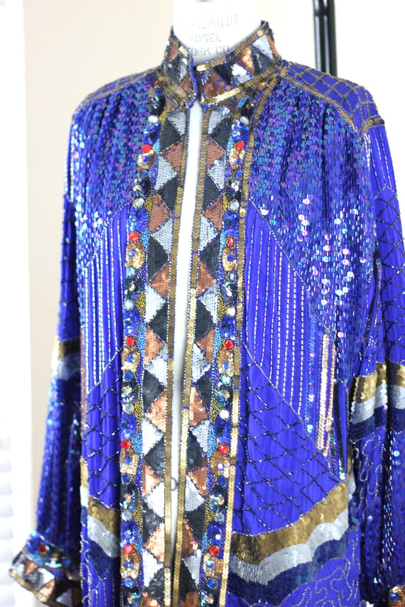 Sz L// Blue Sequin Beaded Jeweled Long Jacket// D… - image 3