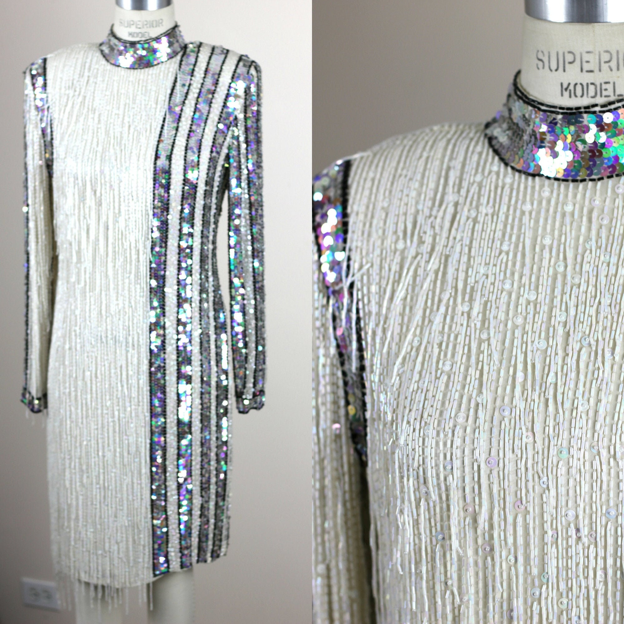 Sz S//stunning Heavily Beaded Fringe White Formal Dress//Couture Vintage Lillie Rubin