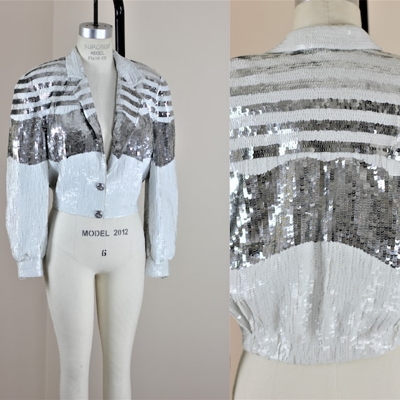 Sz M// Sequin Bomber Jacket// Beaded sequins silv… - image 1