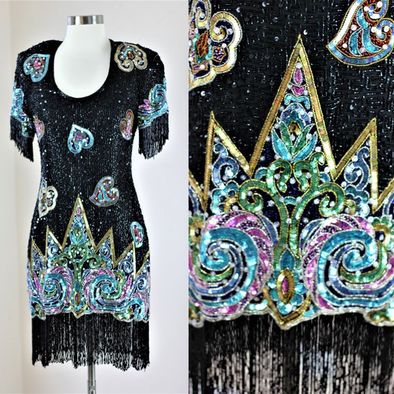 Sz S//naeem Khan Sparkly Beaded Sequin Dress//fabulous Heart Fringe Beaded  - Etsy Denmark