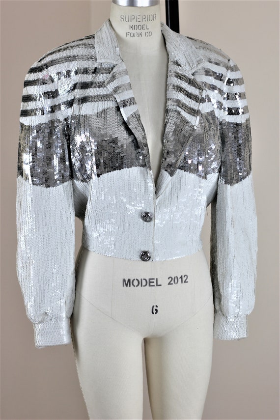 Sz M// Sequin Bomber Jacket// Beaded sequins silv… - image 6