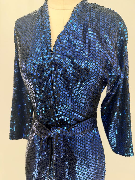 Size 10//lillie Rubin Royal Blue Sequin Wrap Gown//long Beaded Dress Circa 1970s