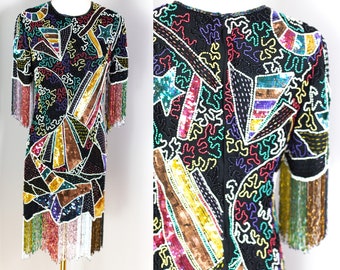 Sz S//Rainbow Colored Fringe Beads//Whimsical Vintage Beaded sequins dress//80s Glam
