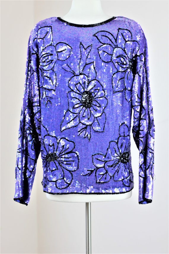 Sz L// Vintage sequin top// Silk sequin beaded pu… - image 6