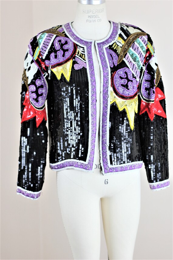 Sz M// Beautiful Vtg Beaded sequined Jacket// Cro… - image 2