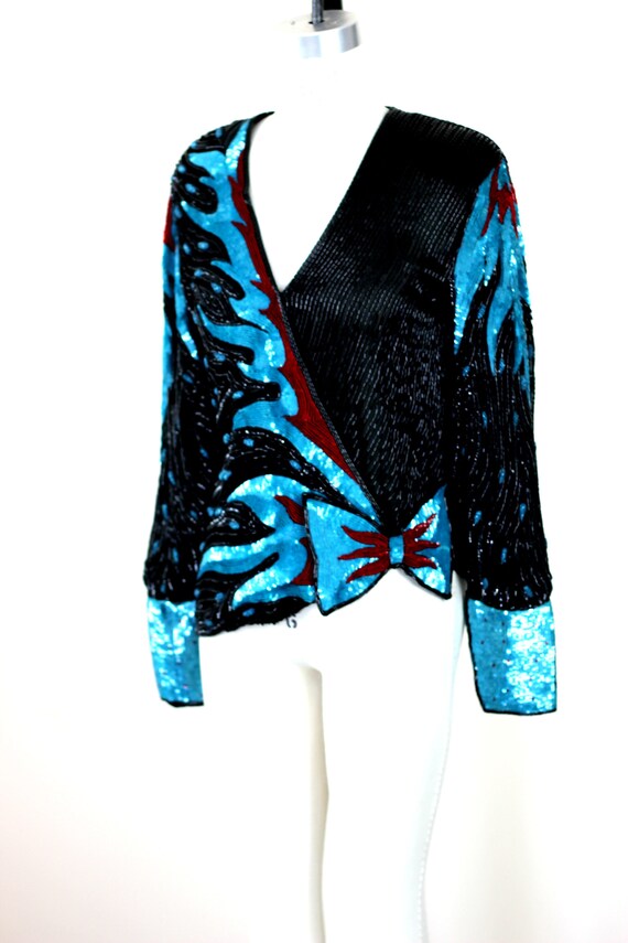 Sz L //Amazing Sequin Jacket//  Beaded bow with B… - image 7