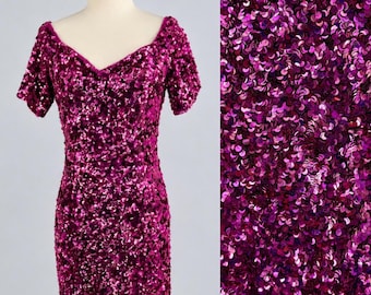 Vintage Pink Sequin Cocktail Dress, Off-Shoulder Fuchsia Party Dress (Sz S)