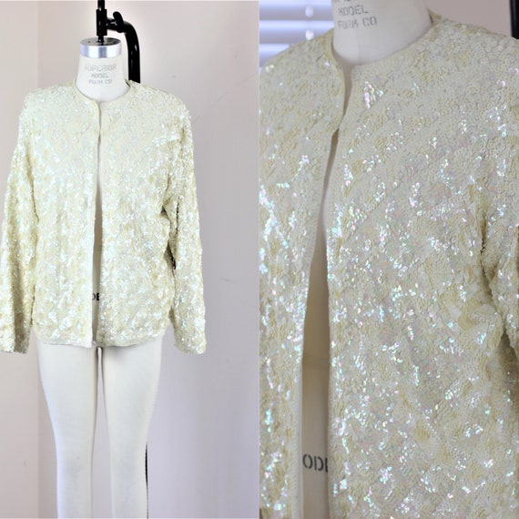 Sz L// Heavily beaded sequined Ivory Jacket// Wed… - image 1