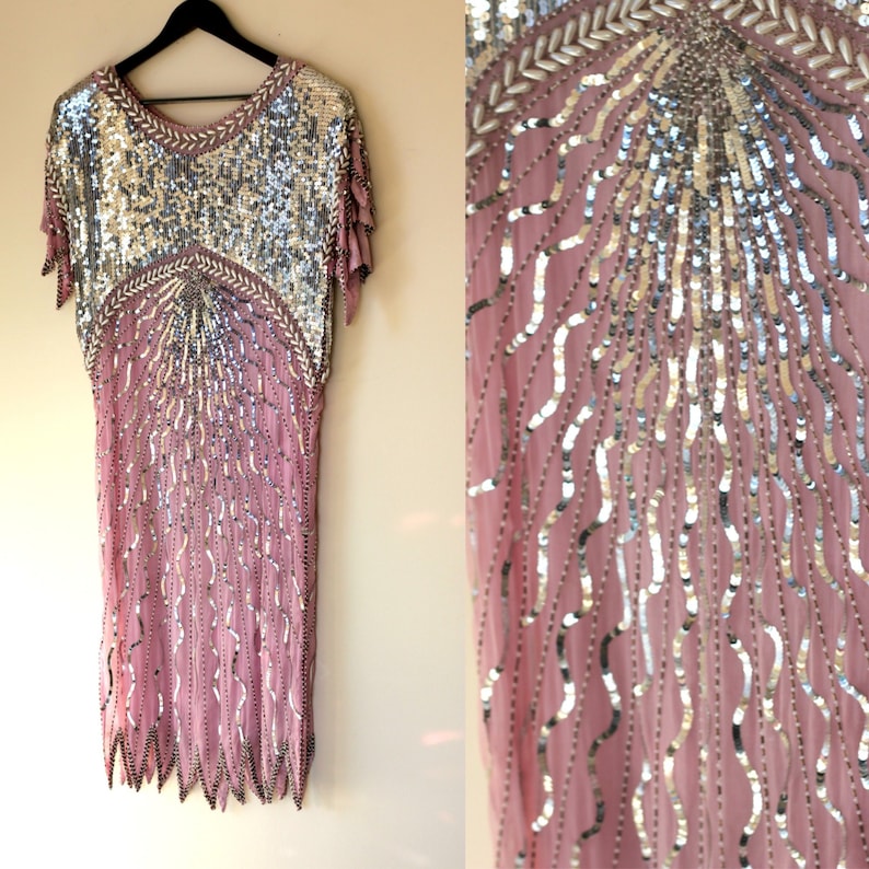 Mauve Pink Silver Flapper Style Vintage Sequin Beaded Dress