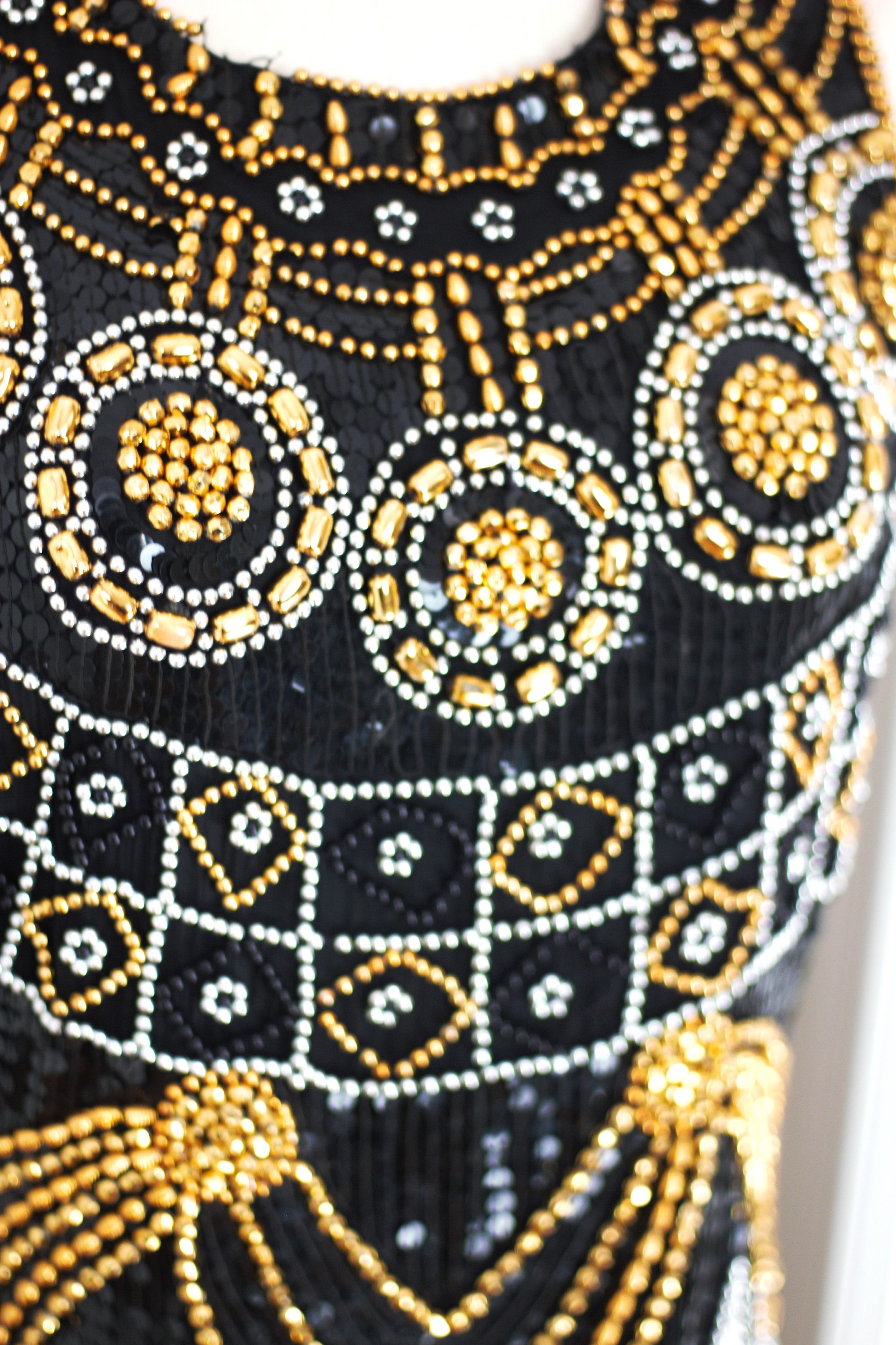 Sz 12//Art Deco Black & Gold Beaded Silk Dress//Vintage Flapper Style Dress