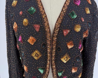 Size 6//Cropped Geometric Embellished Jacket//Vintage Sequin Beaded Bolero Jacket